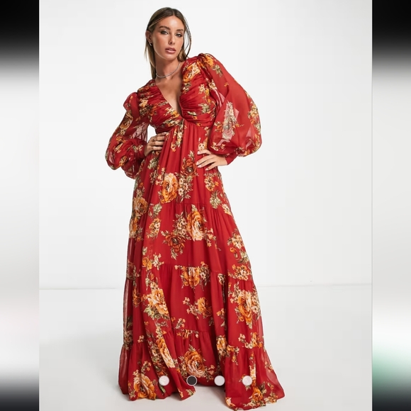ASOS Dresses & Skirts - ASOS DESIGN soft pleated bodice maxi dress lace up back red floral print size 6
